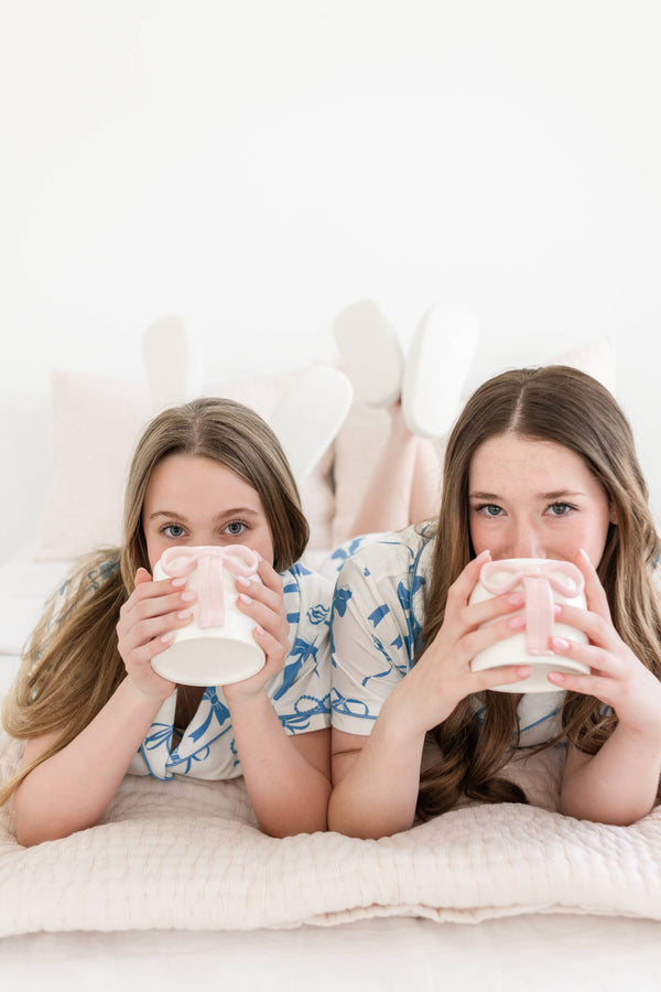 Powder Blue Bow Ceramic Coffee Tea Mug with Ribbon Handle