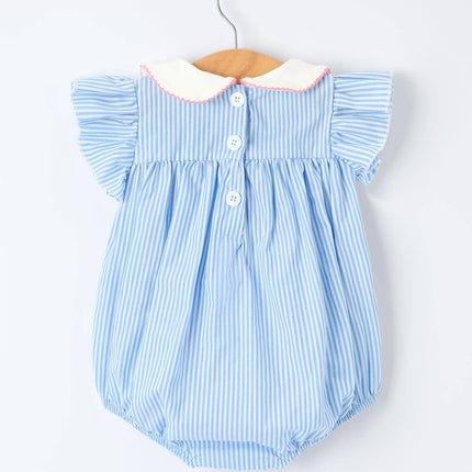 Blue Stripe Girl Romper Petal Peter Pan Collar Bow