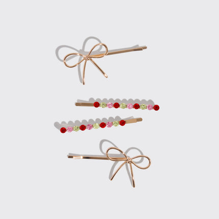 Metal Gemstone and Bow Bobby Pins 4pc Set