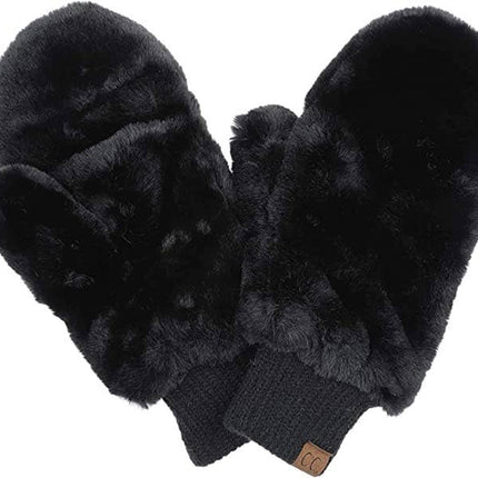 Faux Fur Convertible Mitten - Black