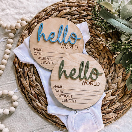 Hello World Birth Stat Announcement Wood Disc - Layered 3D