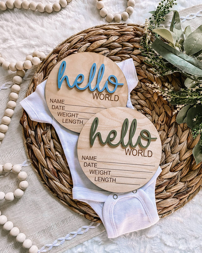 Hello World Birth Stat Announcement Wood Disc - Layered 3D