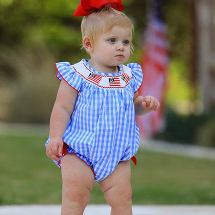 4th of july Flag Embroidery Smocking Girls Romper
