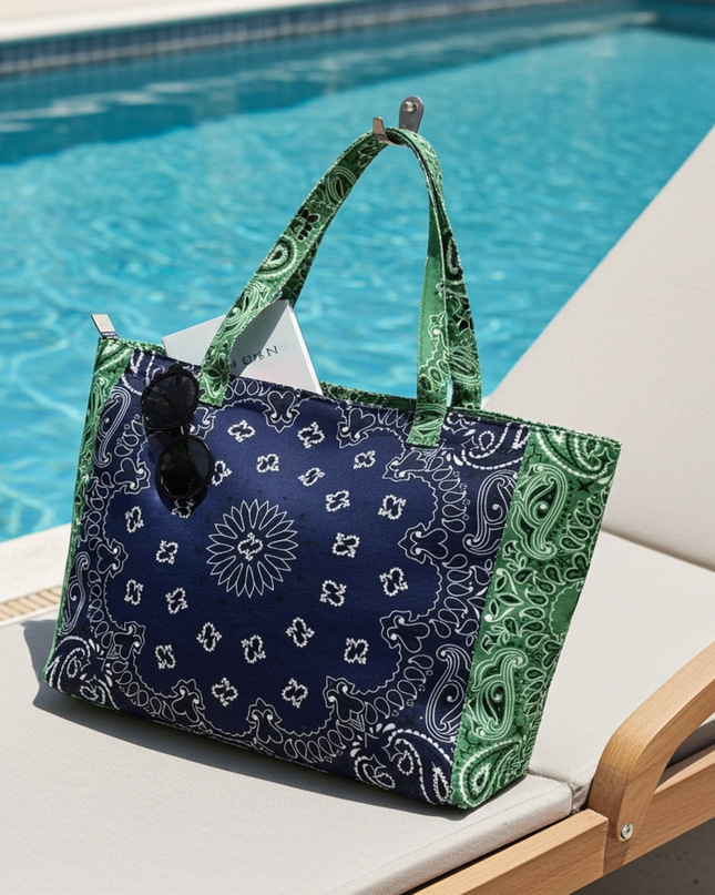 Bandana Print Canvas Tote -Bailey Navy/Green