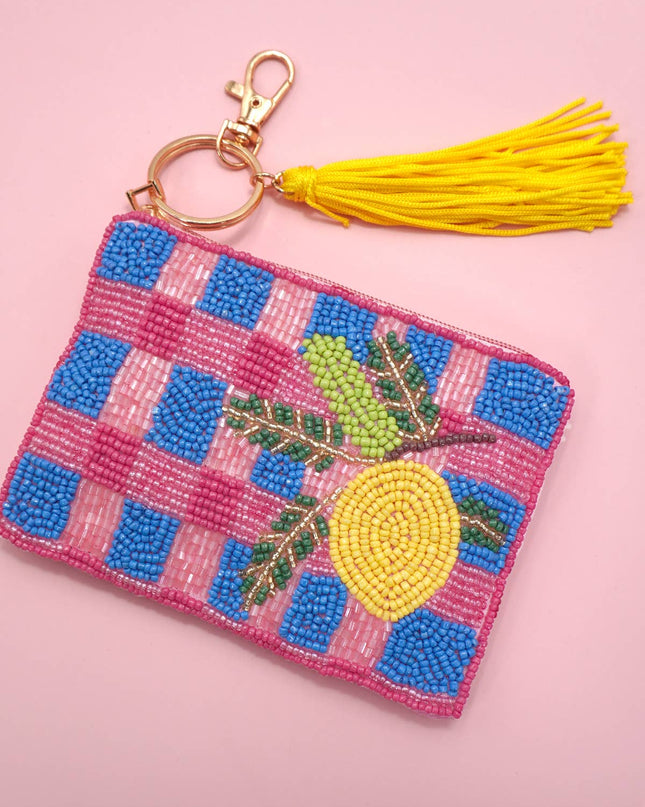 Checker Fruit Seed Bead Coin Tassel Purse