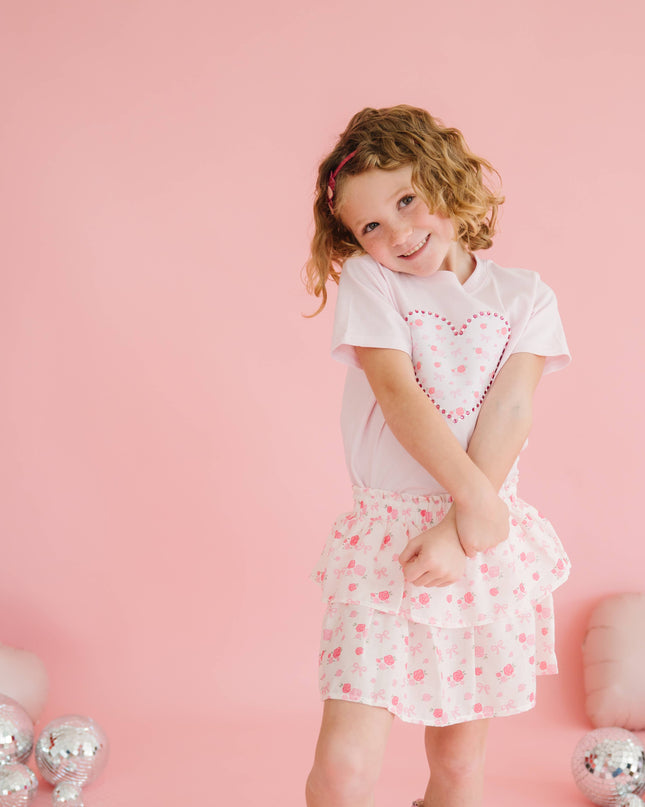 Dainty Rose Pearl Heart Patch Short Sleeve T-Shirt
