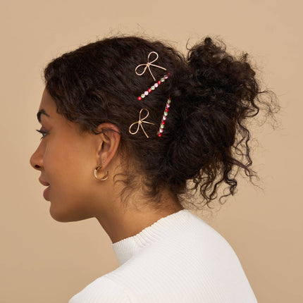 Metal Gemstone and Bow Bobby Pins 4pc Set