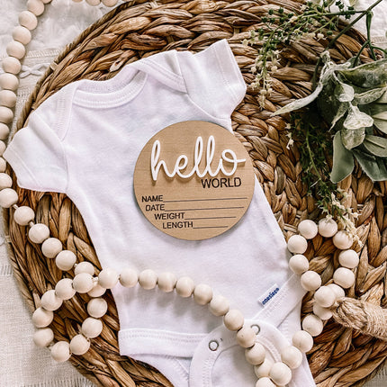 Hello World Birth Stat Announcement Wood Disc - Layered 3D