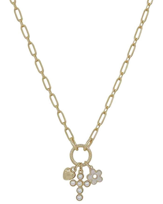 Gold Chain with Cross, Heart, and Flower Charms