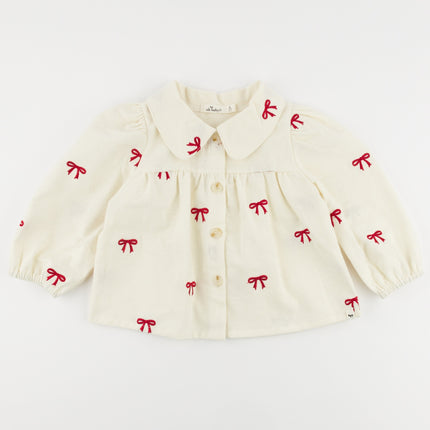 oh baby! Cherry Bows Embroidered Flannel LS Clara Blouse - Cream