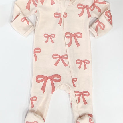 oh baby! Pink Bows Baby Rib Zipper Footie - Natural
