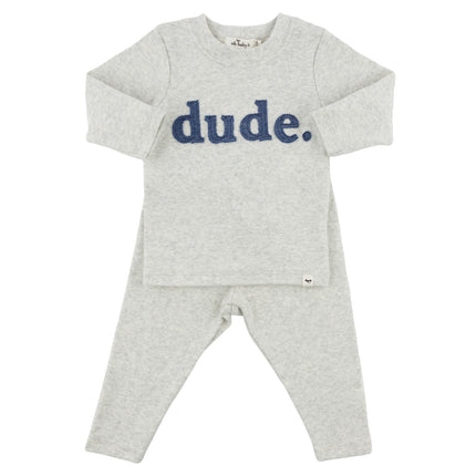 oh baby! Denim 'Dude' Ribbed Applique L/S 2PC Set - Heather Gray