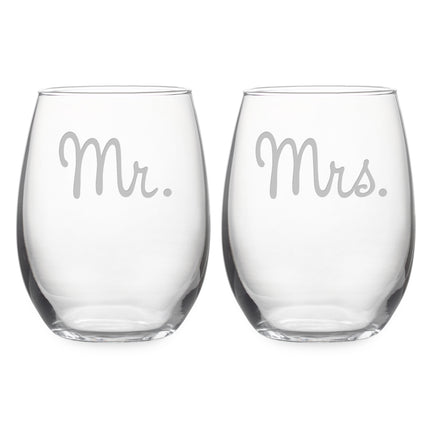 Mr and Mrs stemless wine glass set — wedding and anniversary gift