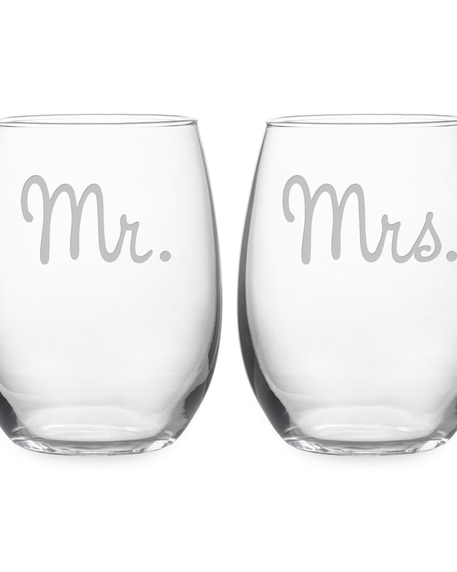 Mr and Mrs stemless wine glass set — wedding and anniversary gift