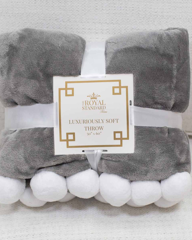 Cozy pom pom throw in gray — soft throw blanket, housewarming and holiday gift