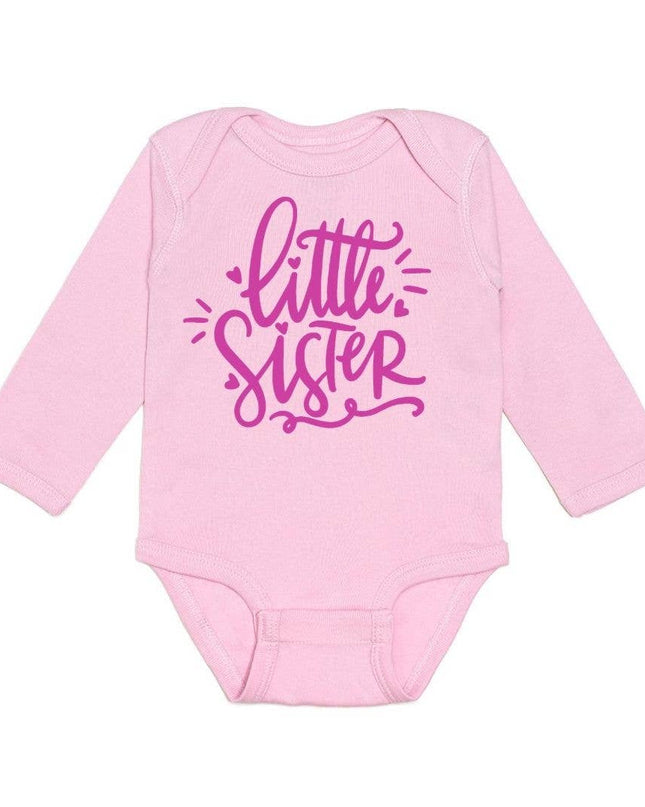 Little Sister doodle long sleeve bodysuit onesie — sweet sibling gift, baby shower