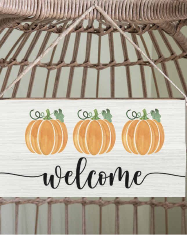 Three Pumpkins twine hanging sign — fall and Thanksgiving home decor