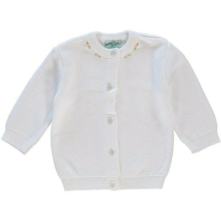 Cotton cashmere girl cardigan white with rosebuds — luxury baby clothing, Christening and special occasion gift