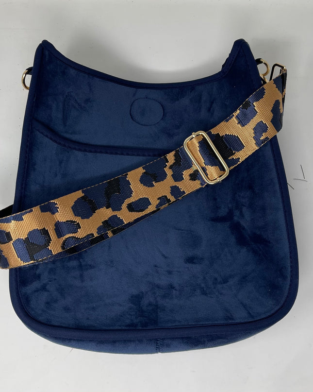 Velvet messenger bag — shown open with interior detail