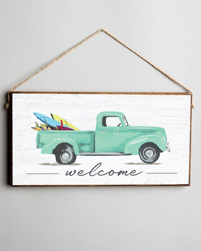 Surfboard twine hanging sign — coastal beach home decor