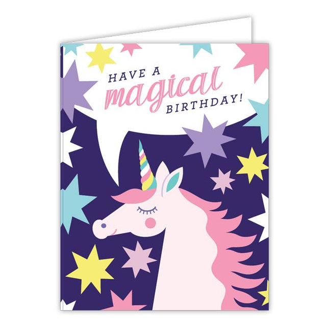 Have a Magical Birthday Unicorn and Stars greeting card — whimsical birthday card for kids