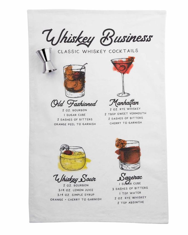 Whiskey recipes towel set — fun housewarming and hostess gift