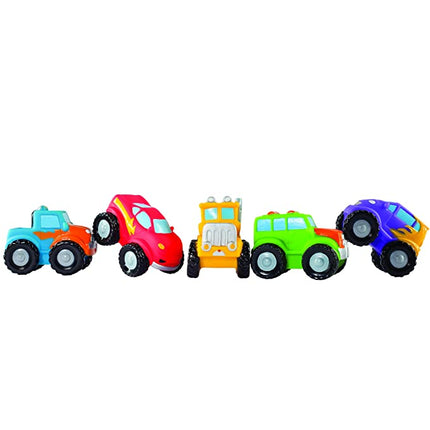 Monster truck baby bath squirties — close up showing trucks