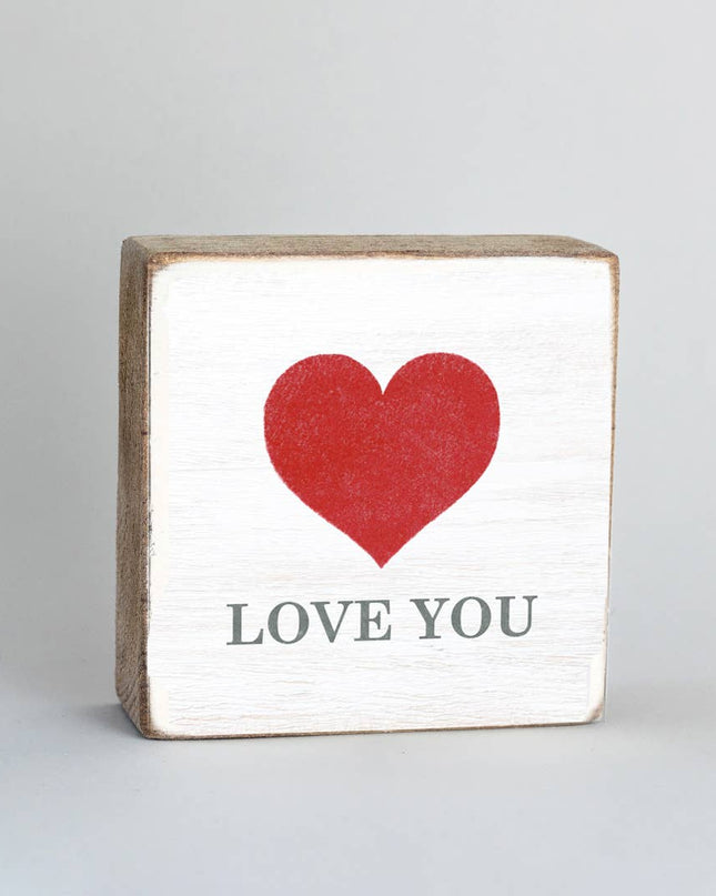 Heart rustic square block Love You — personalized Valentine's and everyday home decor