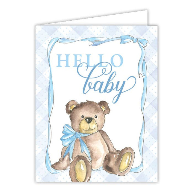 Hello Baby Teddy Bear with Blue Bow greeting card — sweet new baby boy congratulations card
