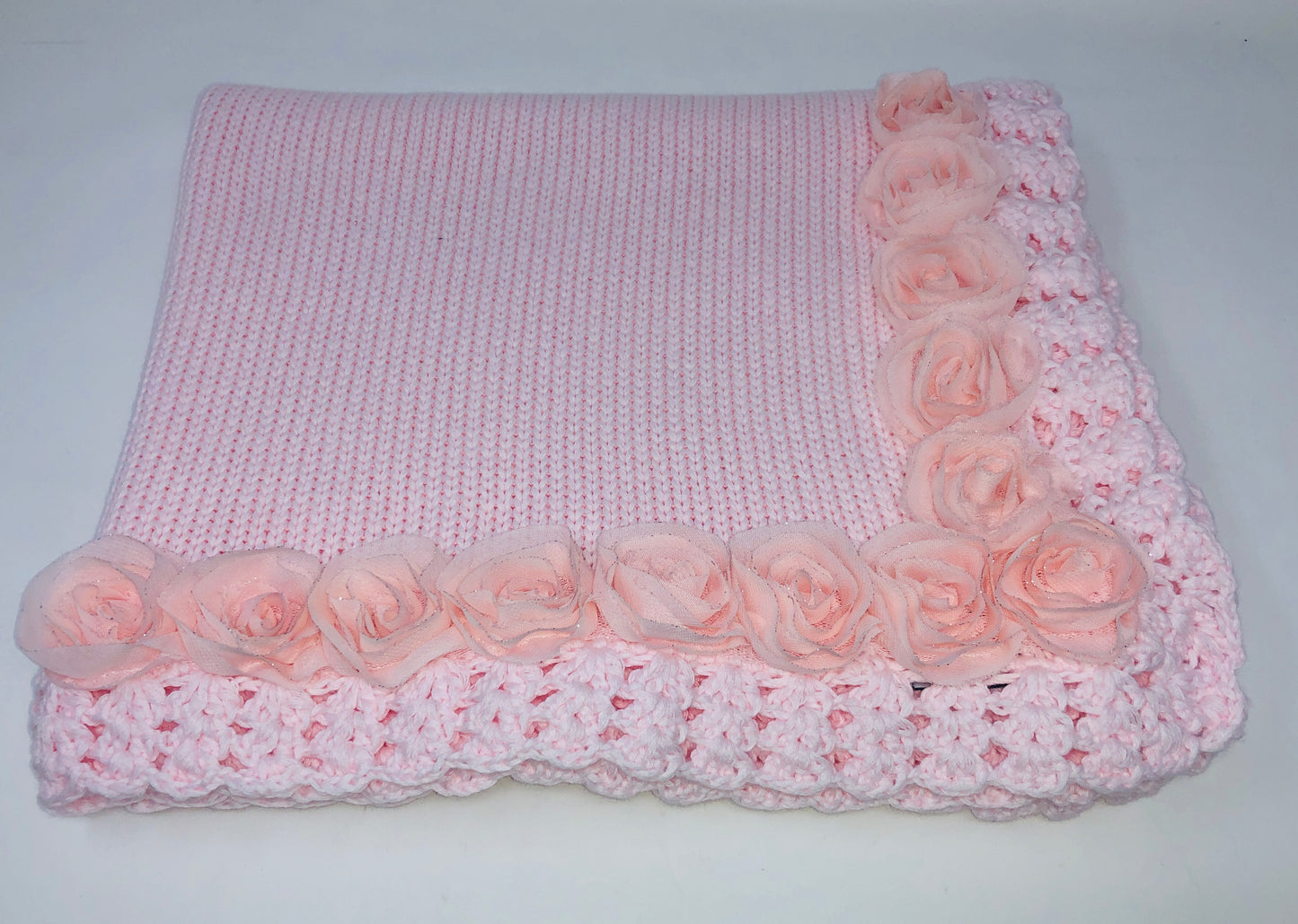 Pink Cotton Knit Blanket with Chiffon Roses