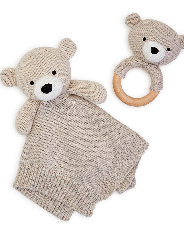 Knitted baby bear snuggle and rattle set — sweet newborn and baby shower gift