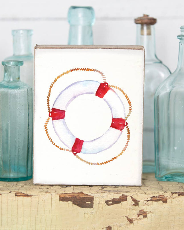 Watercolor life preserver decorative wooden block — nautical coastal home decor