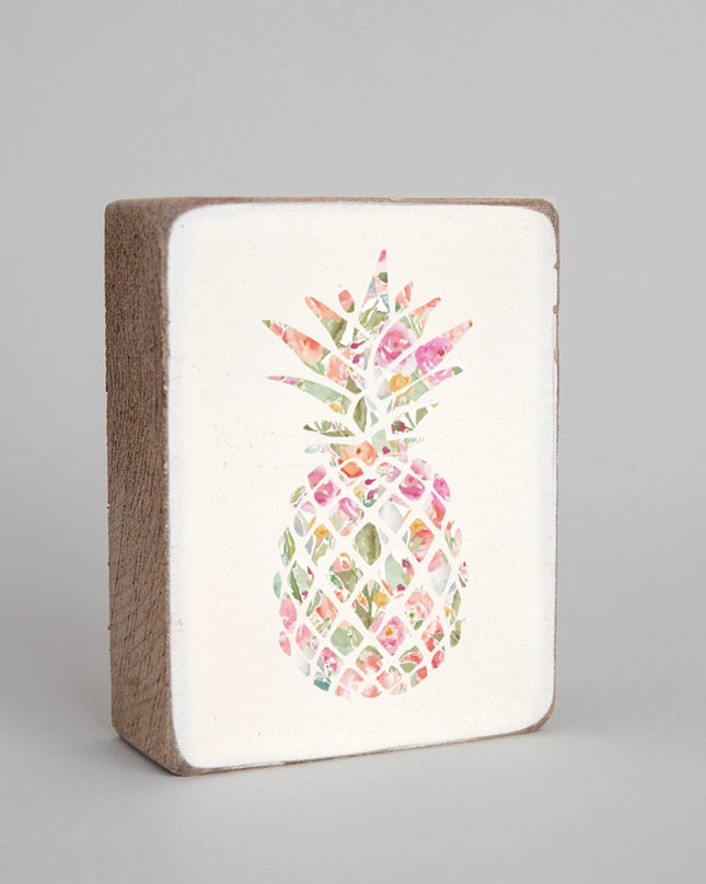 Rustic block pink floral pineapple design — personalized coastal home decor