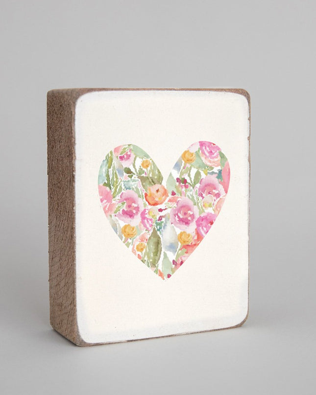 Pink floral heart decorative wooden block — personalized Valentine's and everyday home decor