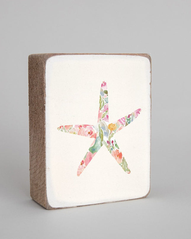 Rustic block pink floral starfish design — personalized coastal home decor