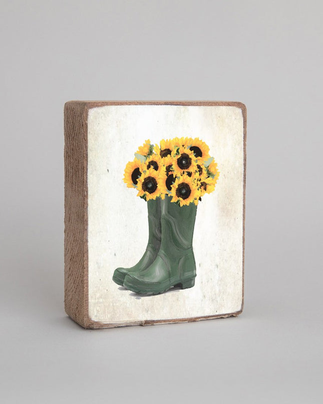 Sunflower wellies decorative block — cheerful spring and summer home decor