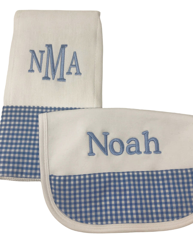 Personalized bib and burp cloth set — flat lay showing full set