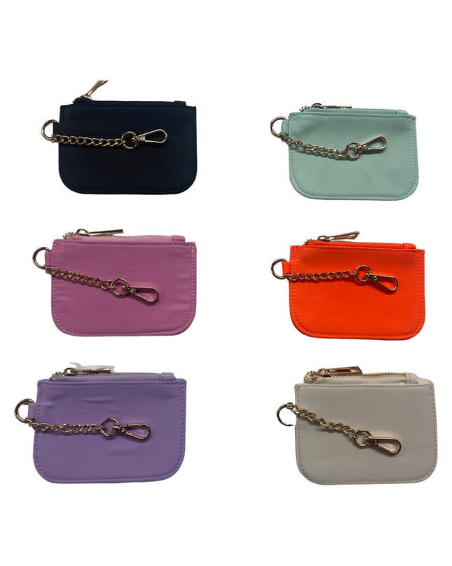 The nylon keychain and card holder — shown with cards inside