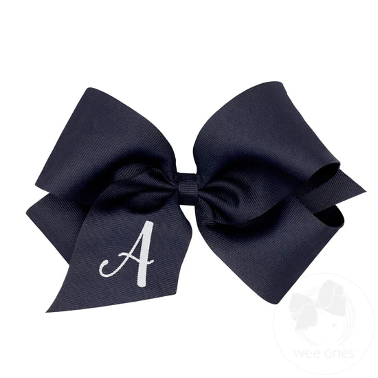 King Monogrammed Grosgrain Girls Hair Bow - Navy with White Initial
