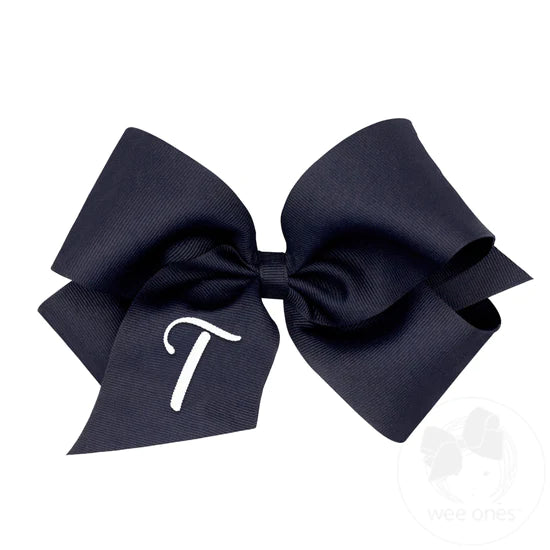 King Monogrammed Grosgrain Girls Hair Bow - Navy with White Initial