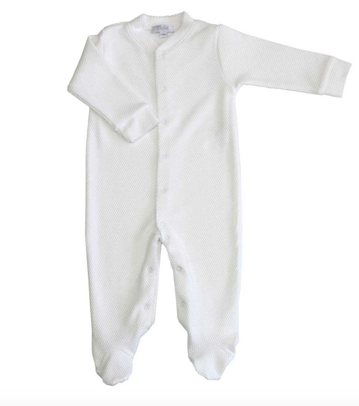 White Bubble Baby Footie -White, Pink, or Blue Picot Trim