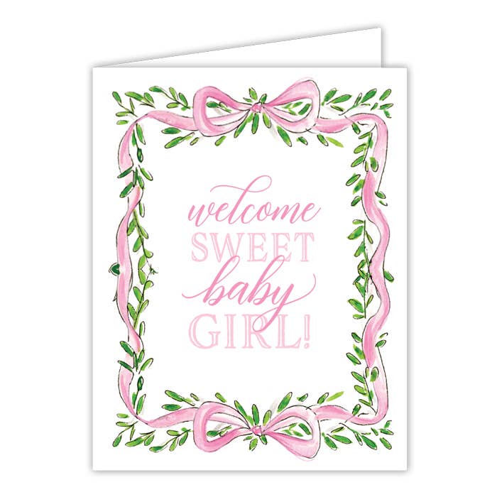 Welcome Sweet Baby Girl Greenery Crest Greeting Card
