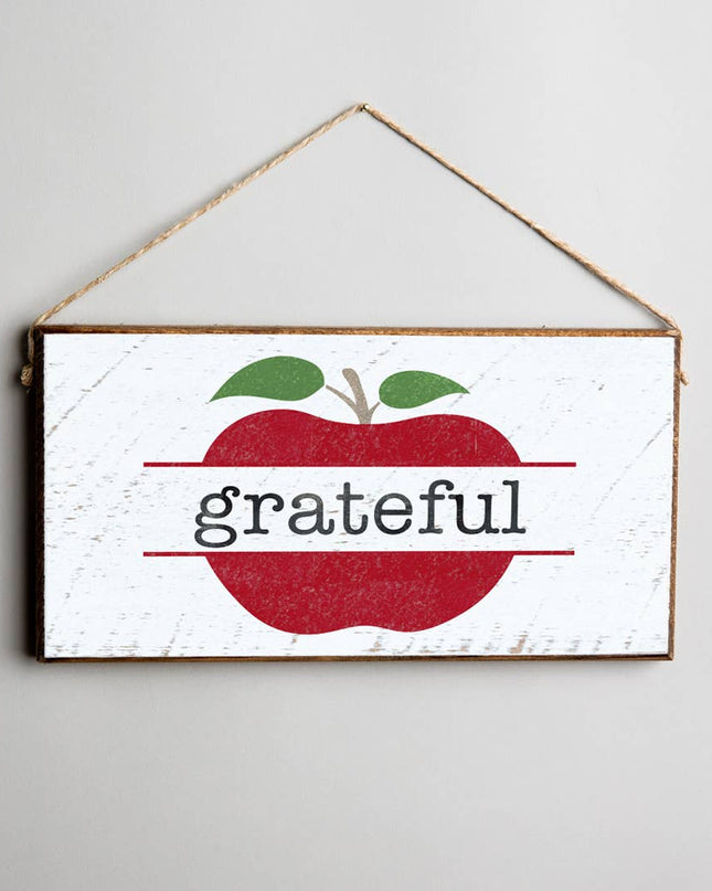 Grateful split apple twine hanging sign — Thanksgiving and fall home decor