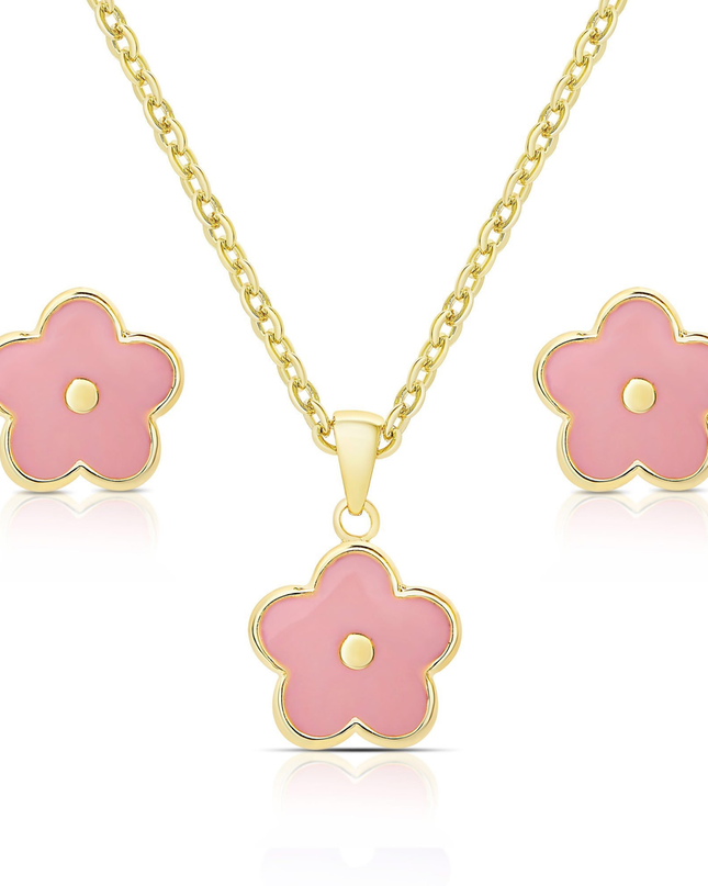 Pink flower stud earrings and necklace set — children's jewelry, birthday and Easter gift