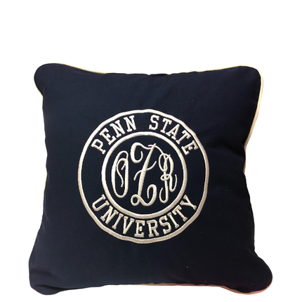 Personalized college pillow — embroidered school logo, dorm room gift